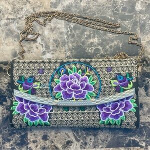 Moody Dark Embroidered Floral Clutch Gold Chain Crossbody Statement Bag